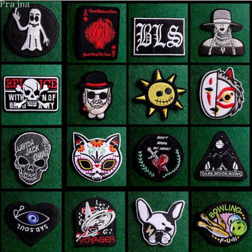 2 Pcs Punk Skull Biker Patch Iron On Patches On Clothes Black And White Badges Embroidered Patches For Jacket Clothing Stickers