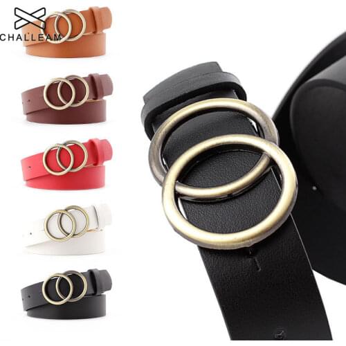 Fashion PU Leather Belt For Jeans Double Ring Black White Faux Leather Women Belts Ladies Vintage Decorative Waist Strap 253