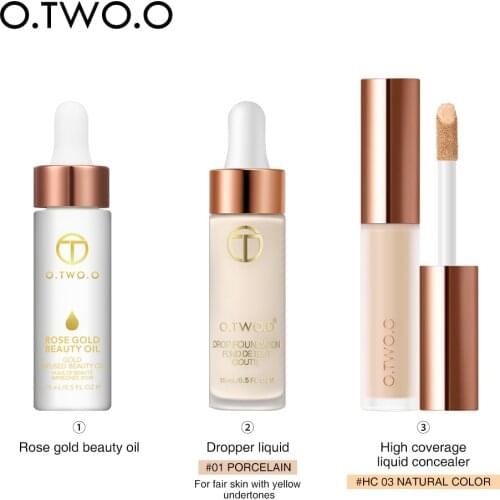 O.TWO.O 3 pcs Face Makeup Set Liquid Concealer Makeup Primer Beauty Oil Liquid Foundation Makeup Base Natural Face Cosmetic Kit