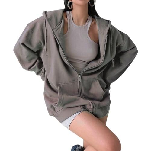 Autumn long sleeve double pocket hoodie with a zipper Solid gray blue purple zip up hoodie Ladies casual jackets for women 2021