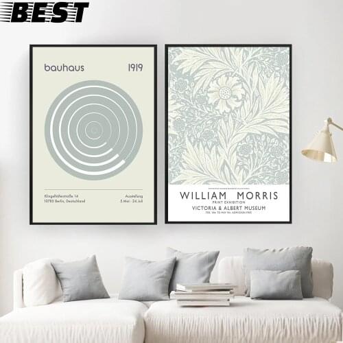 Posters and Prints Bauhaus Green Exhibition Poster Wall Art Picture William Morris Flower Leaf Canvas Painting for Room Decor