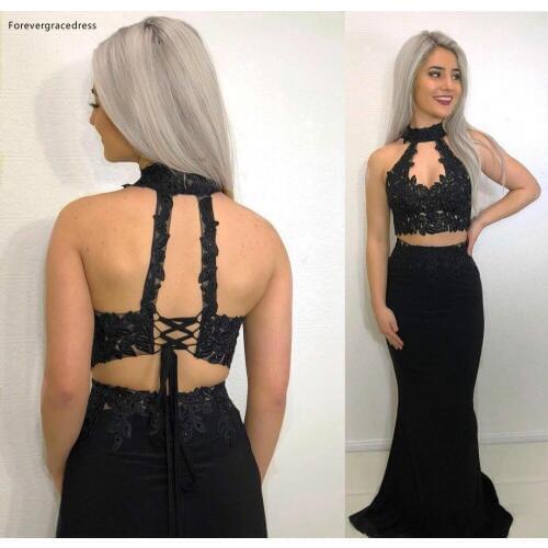 Two Pieces Prom Dresses 2019 Black Halter Neck Holidays Graduation Wear Party Gowns Plus Size Custom Made