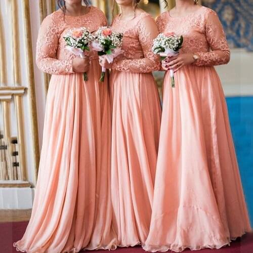 Pink bridesmaid dresses 2020 long sleeve lace crew neckline a line chiffon long maid of honor dresses wedding party dress