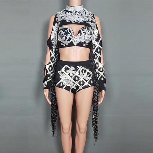 Sexy Queen Luxury Crystals Black Tassel Dance Wear Bright Rhinestones Bra Short Female Singer Celebrate Dress Stage Costume