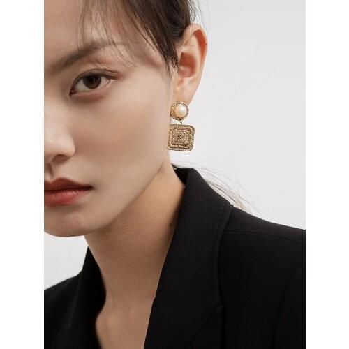 Brass With 18K Gold Real Pearl Square Drop Earrings Women Jewelry Punk Party Gown Runway Korean Japan INS Fashion