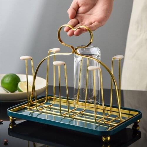 Light Luxury Cup Holder Glass Water Cup Shelf Storage Rack with Tray Home Living Room Cup Holder Upside Down Kitchen Organizer