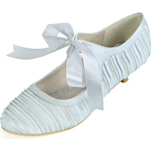 Retro Lace Up Bridal Wedding Shoes Middle Lower Heel Pleated Satin Kitten Heels Mary Jane Ribbon tie Ivory White Blue Navy Grey