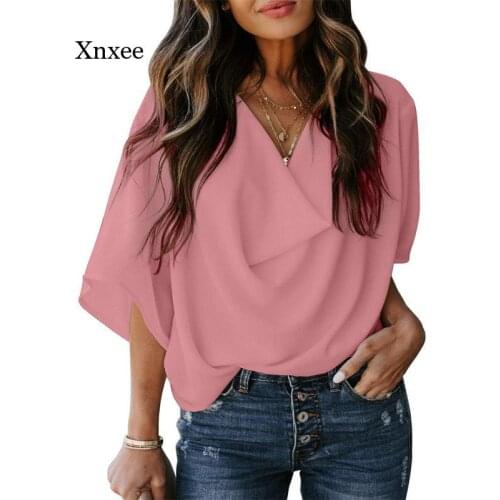 Summer French V Neck Casual Blouses Chiffon Women Fashion t Shirt Draped Loose Female Half Sleeve Folds Plus Size Tops Clothing