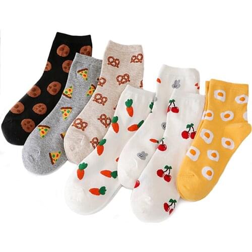 Women Cotton Socks Funny Cute Pattern Food Animal Fruit Egg Carrot Bunny Pizza Cherry Bow Happy Casual Short Style