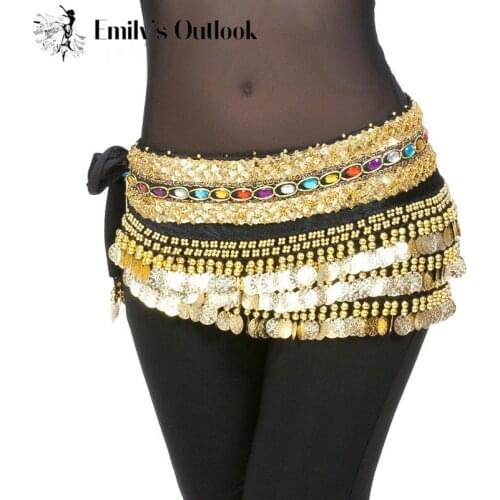 248 Golden Coin Belt Belly Dance Costume Accessories Velvet Hip Scarf Wrap Waist Band Indian Dancer Red Pink Blue Free Shipping