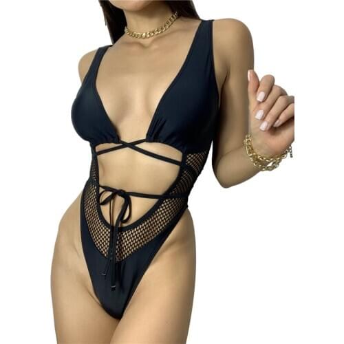 2021 Women Black Swimwear Cutout One Piece Monokini Swimsuits Deep V Neck Hollow Plaid Tie Up Open Back Bathing Suit Swimwear