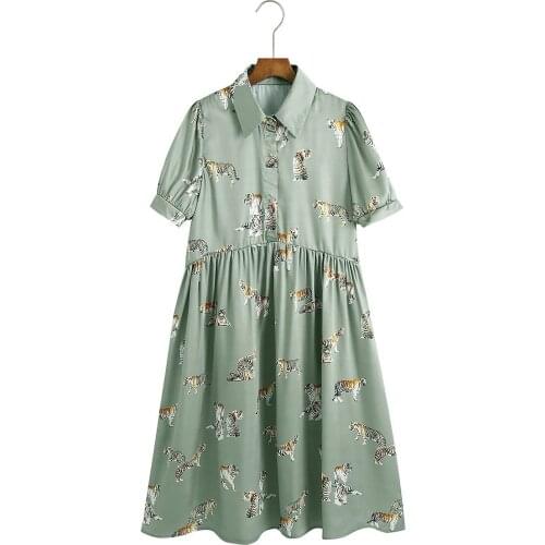 Women Satin Animal Tiger Print Loose Waist Button Pleated Ladies Dress Short Sleeve Summer Casual Vestidos Mujer 2021 New