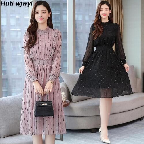 2021 Vintage Striped Chiffon Long Sleeve Midi Dresses Autumn Winter Plus Size Women Bodycon Dress Elegant Party Femal Vestidos