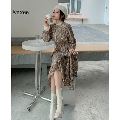 Fashion Vintage Floral o Neck Lace Splicing Long Dress Elastic High Waist Long Sleeve Elegant Sweet Women Casual Spring Dresses