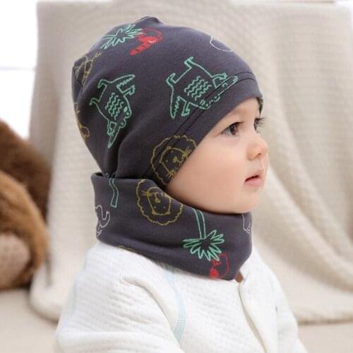 3Pcs/Set Cotton Baby Hat Set Cartoon Print Flowers Print Cap Scarf for Boys Girls Autumn Winter Infant Hats Baby Cap Bib Scarf