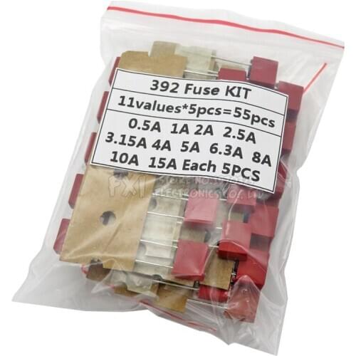 55PCS/Set Square Plastic Fuse Assortment Kit 392 0.5A 1A 2A 2.5A 3.15A 4A 5A 6.3A 8A 10A 15A 250V Fuses Slow Blow Tube Fuse set