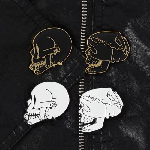 Black White Punk Skeleton Pions Cat Fish Hands Brooches Lover Couple Pins Enamel Lapel Pins Dark Punk Jewelry Gifts
