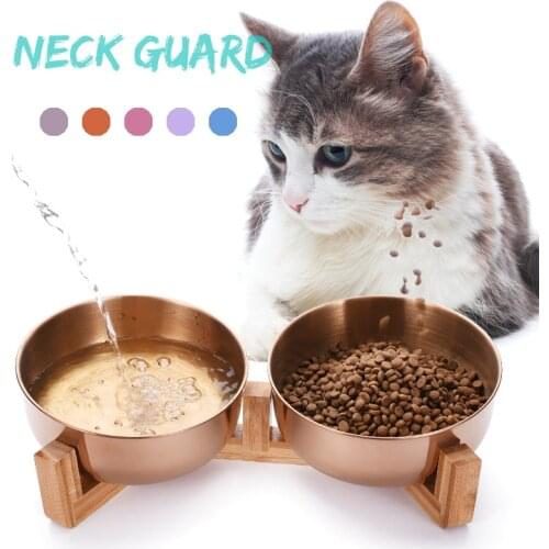 Stainless Steel Cat Dog Bowl with Wood Stand Pet Food and Water Dish Bowl for Cat Dogs Food Feeding Feeder Puppy Feeder Supplies