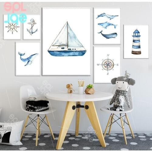 Nautical Cartoon Art Painting Whale Boat Naval Nursery Wall Art Poster for Baby Bed Room Nordic Kids Child Bedroom Decoration