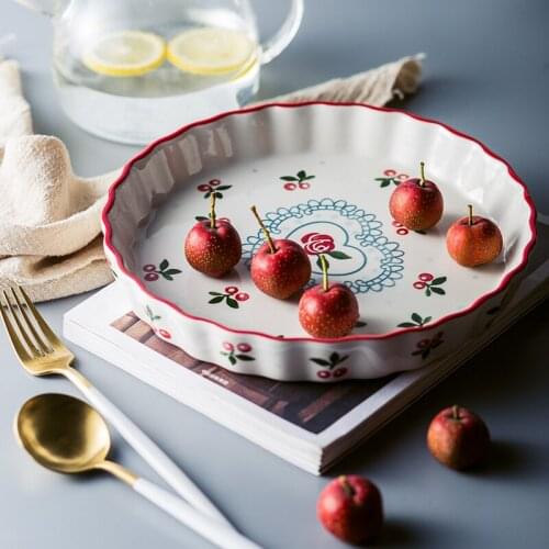 9.5-inch lovely cherry ceramic pie plate baking plate large baking mold soup plate for household oven