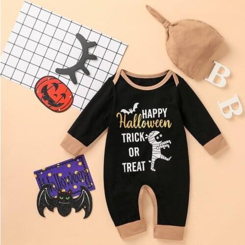 Newborn Baby Boy Girls Infant Halloween Clothes Set Cotton Pumkin Long Sleeve Romper Hat Kids Outfits Clothing
