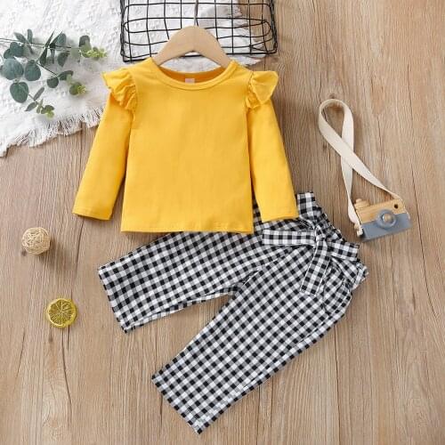 SUNSIOM Baby Girls Clothes Set Solid Color Long Flying Sleeve O-neck Tops + Plaid Print Trousers with Waistband Autumn Outfits