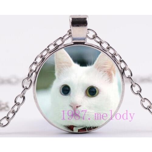 White Cat Animal Creative Photo Cabochon Glass Chain Necklace,Charm Women Pendants Fashion Jewelry Gifts