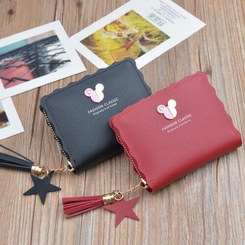 Disney Mickey mouse Small wallet lady short zipper tassel key coin purse student small mini wallet Minnie card holder Clutch