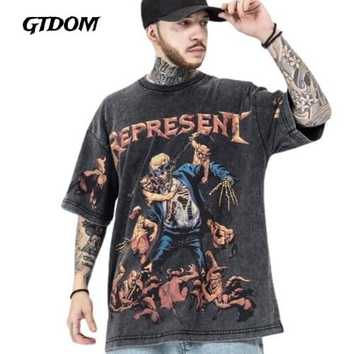 GTDOM Mens Summer 2021 New European Popular Logo Rock Skull Print Washed Vintage Vintage Oversize Short Sleeve Loose T-shirt