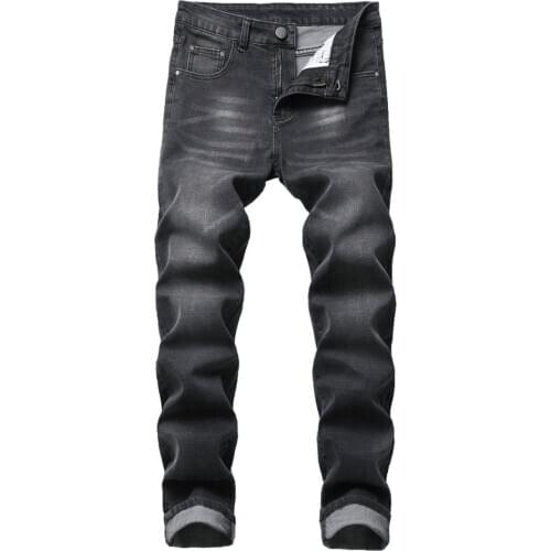 Mens jeans mens straight jeans washed cotton denim trousers gray fashion denim casual men