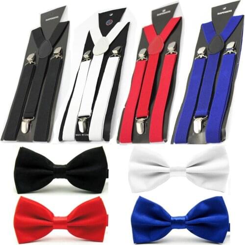 Men Solid Color Bowtie Elastic Y-Back Suspender Plain Bow Tie Brace Set Lot BWSET0506
