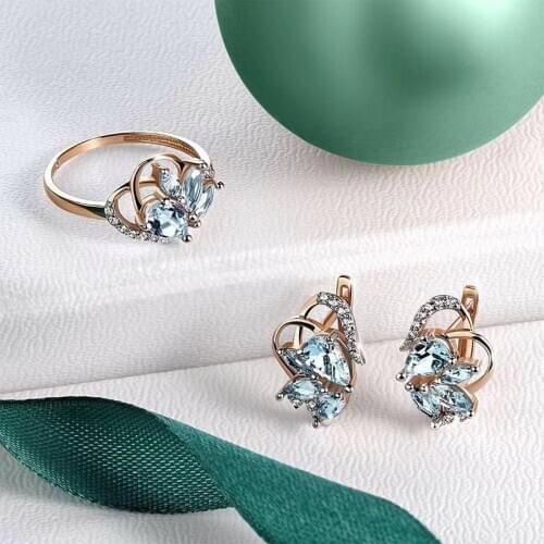 Exquisite Rose Gold Plated Bridal Jewelry Set Butterfly Shape Blue Crystal Zircon Dangle Earring Wedding Ring Engagement Jewelry