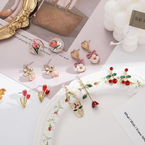2021 New Spring Flowers Earrings Fashion Women Jewelry Simple Elegant Red Rose Cherry Bow Drop Ear Accessories Good Gift