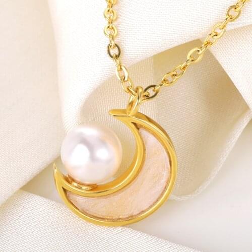 Moon And Sun Necklaces Pendants For Women Pearl Jewelry Stainless Steel Rose Gold Rhinestone Crescent Necklace Collier Femme BFF