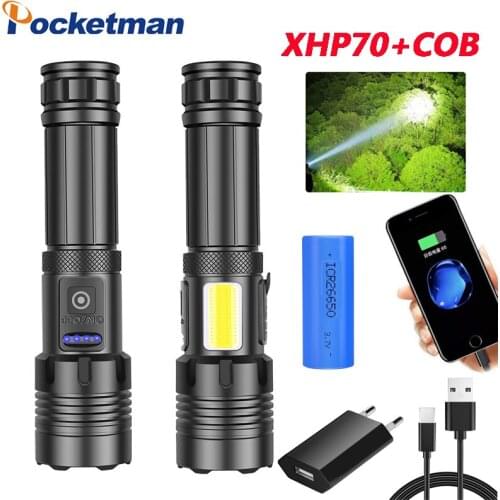 Pocketman Powerful Flashlight XHP70+COB Flashlight Power Display Power Bank Flashlight Use 18650/26650 Flashlight Torch Lanterna