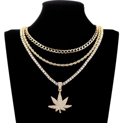 Popular Cubic Zircon Maple Leaf Pendants Necklace With Tennis chain Iced Out Chain Necklace Charms HipHop Jewelry For Women Gift