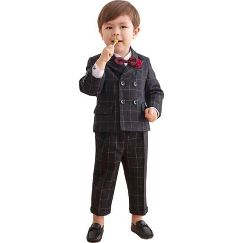 Flower Boys Plaid Jacket+vest Pants Bowtie 4pcs Wedding Suit Gentleman Kids Birthday Dress Children Formal Party Costume 2-12 T