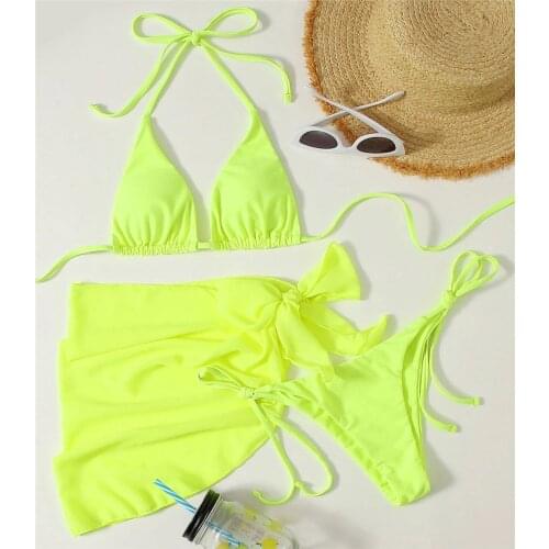 Sexy Neon 3 Piece Bikini Set with Mesh Cover Up Swimwear Women Swimsuit String Triangle Bikinis Bathing Suit Micro Thong Biquini