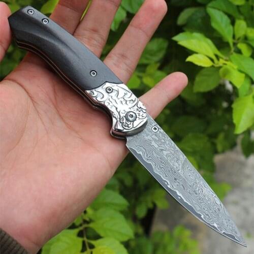 Folding knife Free shipping sharp Damascus steel imports blacksmithing camping tool wood handle outdoor self-defense knife
