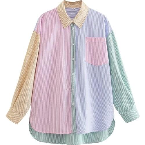 TRAF Women 2021 Fashion Patchwork Striped Loose Blouses Vintage Long Sleeve Pockets Female Shirts Blusas Streetwear