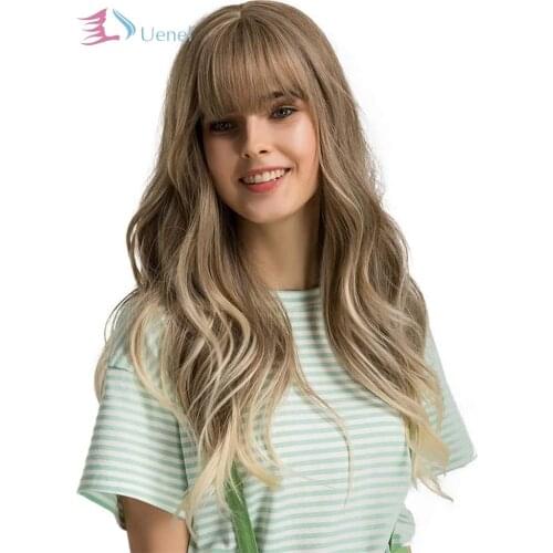 Uenel 24"Women Synthetic Wigs Long Wavy Blonde with Fluffy Air Bangs Light
