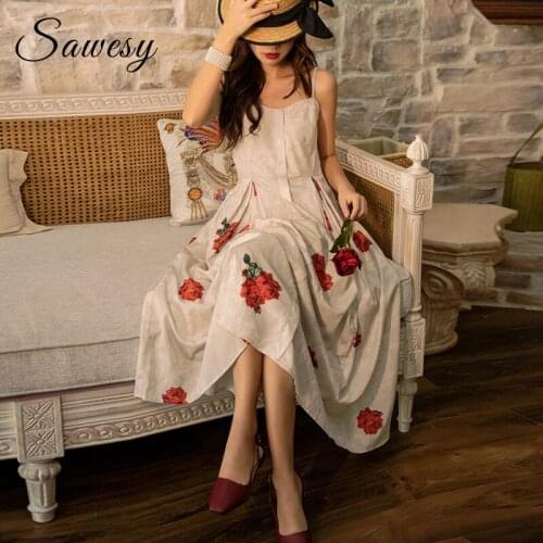 Vintage Holiday Midi Dresses Women Summer Spaghetti Strap Floral Print Casual Long Dress White