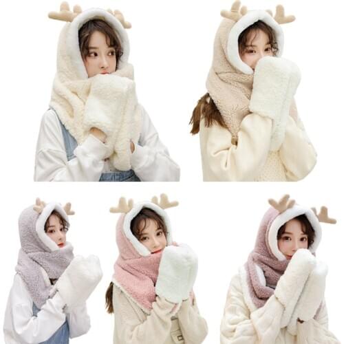 Women Winter Warm 3 In 1 Hoodie Hat with Long Scarf Gloves Combo Cartoon Reindeer Antler Fluffy Plush Earflap Cap Mitten