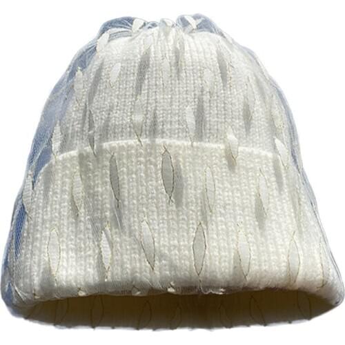 Women Winter Warm Knitted Beanie Hat Leaves Mesh Veil Stretch Cuffed Skull Cap AXYD