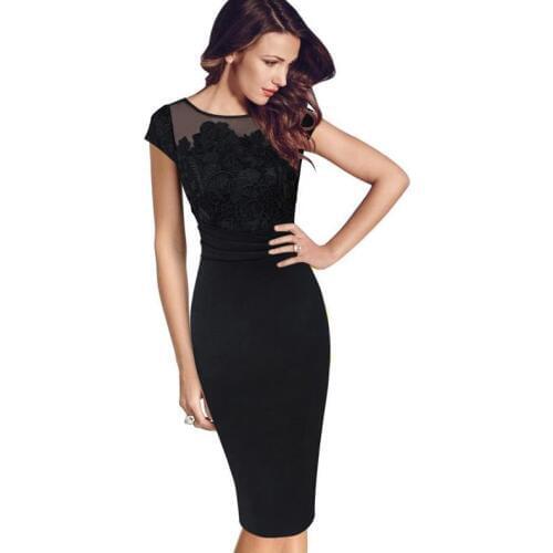 Black new professional women solid color O collar waist Slim composite lace hollow short sleeve long pencil dress
