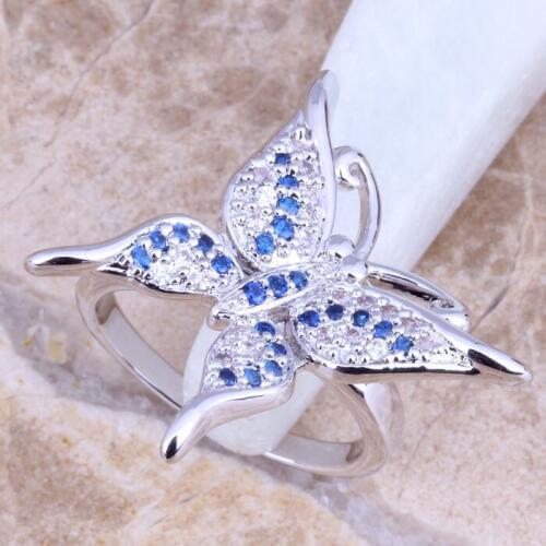 Magic Blue Cubic Zirconia Silver Plated Womens Butterfly Jewelry Ring Size 6 / 7 / 8 / 9 R1259
