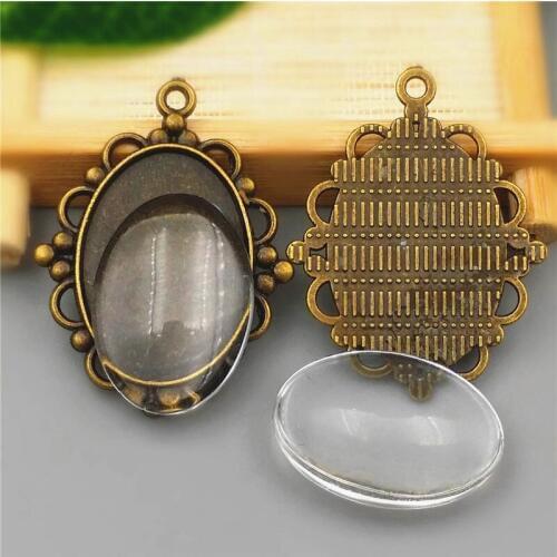 10sets/lot 18X25mm Antique Bronze Alloy diy Cameo base Setting Pendant+Clear Glass Cabochons Beads Jewelry finding A1013