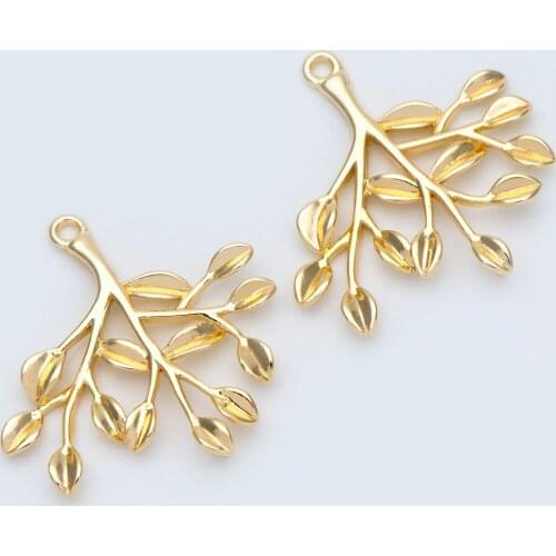 10pcs Gold Tone Brass Leaf Pendants, Branch Charm Connectors 23mm, Lead Nickel Free, For Jewelry DIY Findings (GB-964)