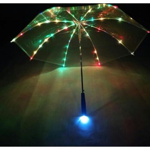 10pcs/lot Fast shipping Rainbow color Umbrella LED Luminous Transparent Umbrella With Flashlight Flash light Torch 23 InchSN1004