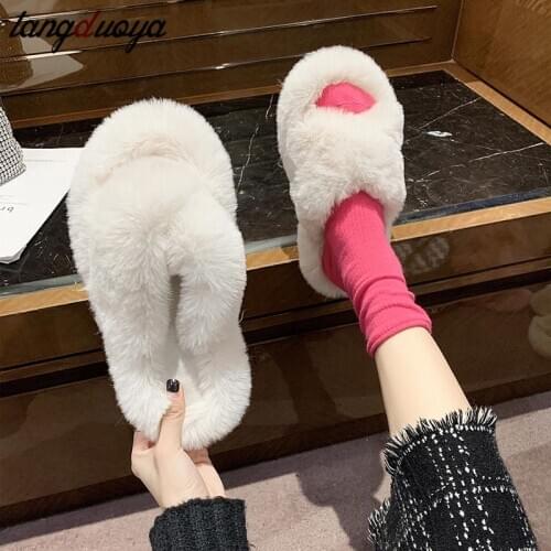 2021 Fluffy Home Slippers Women Faux Fur Slippers Cozy Furry Slides Open Toe Slip on Soft Slippers House Floor Plush Warm Shoes